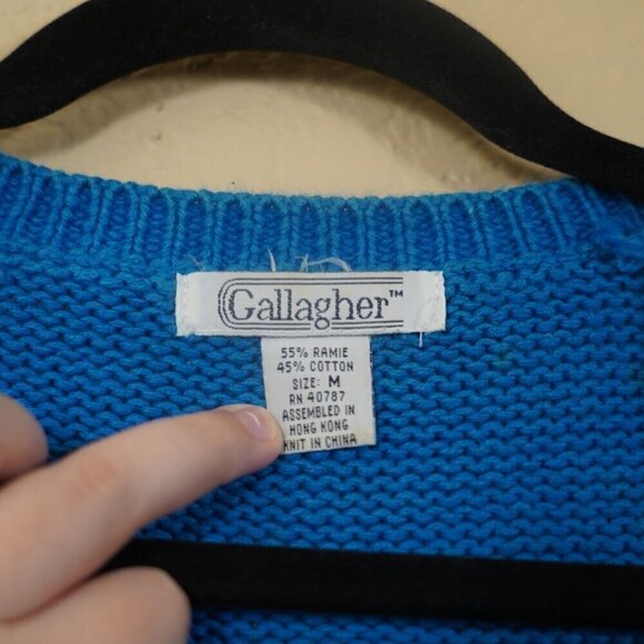 Vintage Gallagher Cardigan Electric Blue Floral Houndstooth M Cottagecore Fairy - Picture 7 of 8